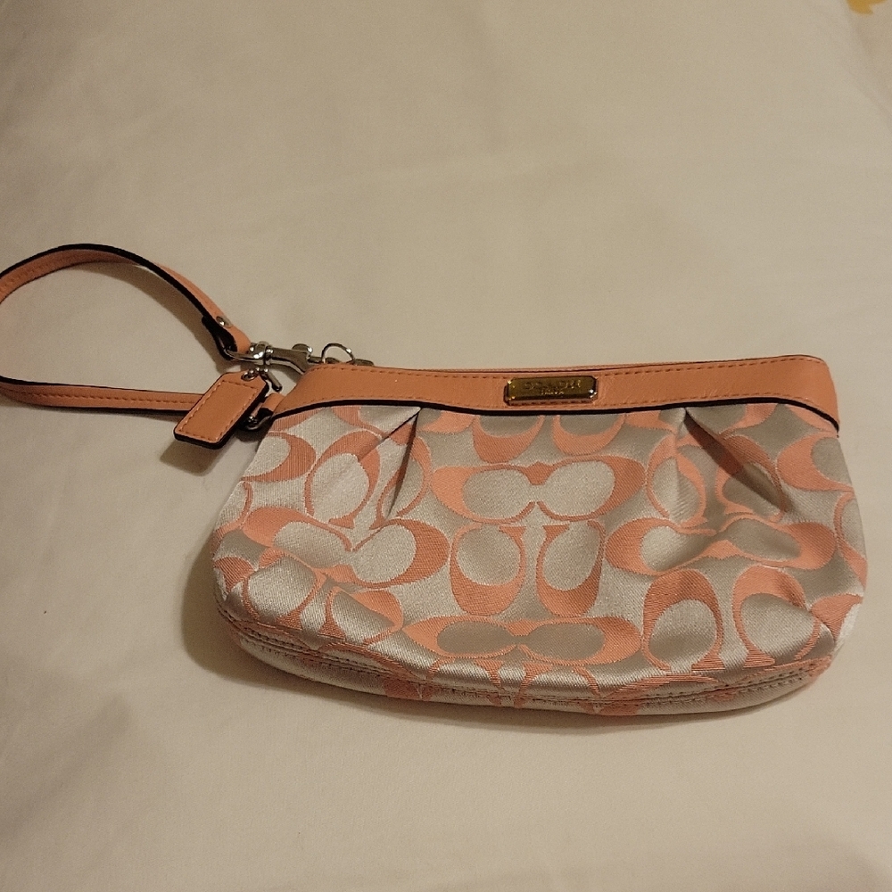 Coach Peach and Tan  Signature Wristlet